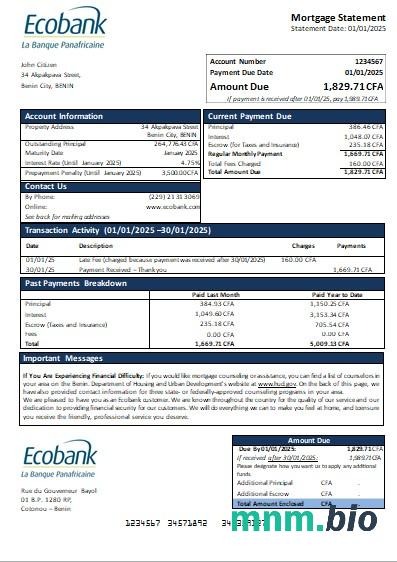 Benin Bank Ecobank wyciąg z kredytu hipotecznego szablon Word i PDF